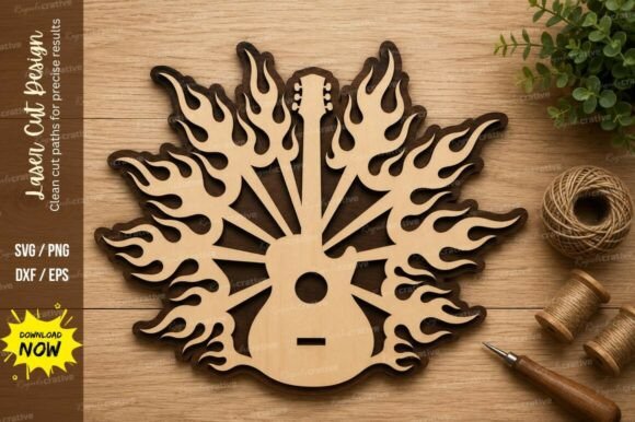 Flaming Guitar Sun Design: A Bold Laser Cut SVG